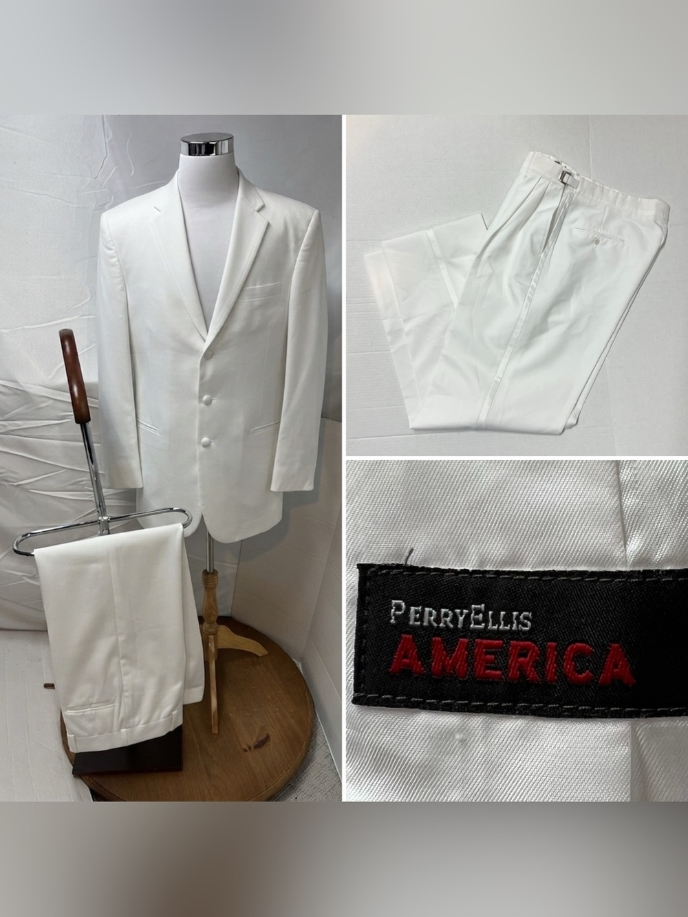 Perry Ellis Men's 44XL Blazer Jacket 37x32 Pants White Tuxedo Suit Vintage